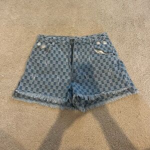 Denim blue checkered high-waisted jean shorts from a local boutique!